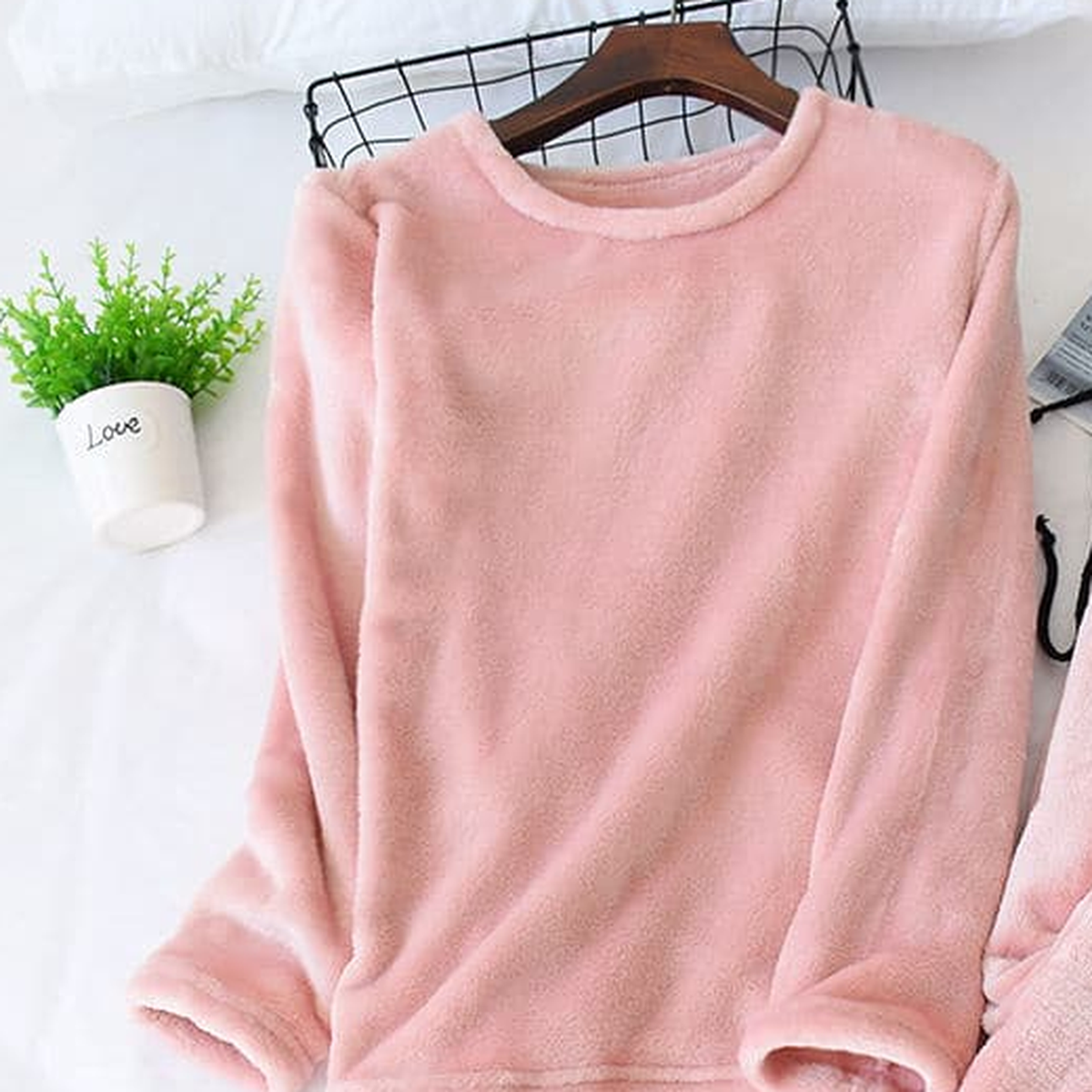 Pyjama d'hiver en flanelle polaire pour femme, coloris rose poudré