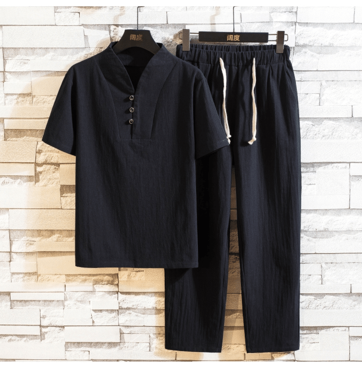 Ensemble d'été en coton et lin pour homme, col mao, coloris noir