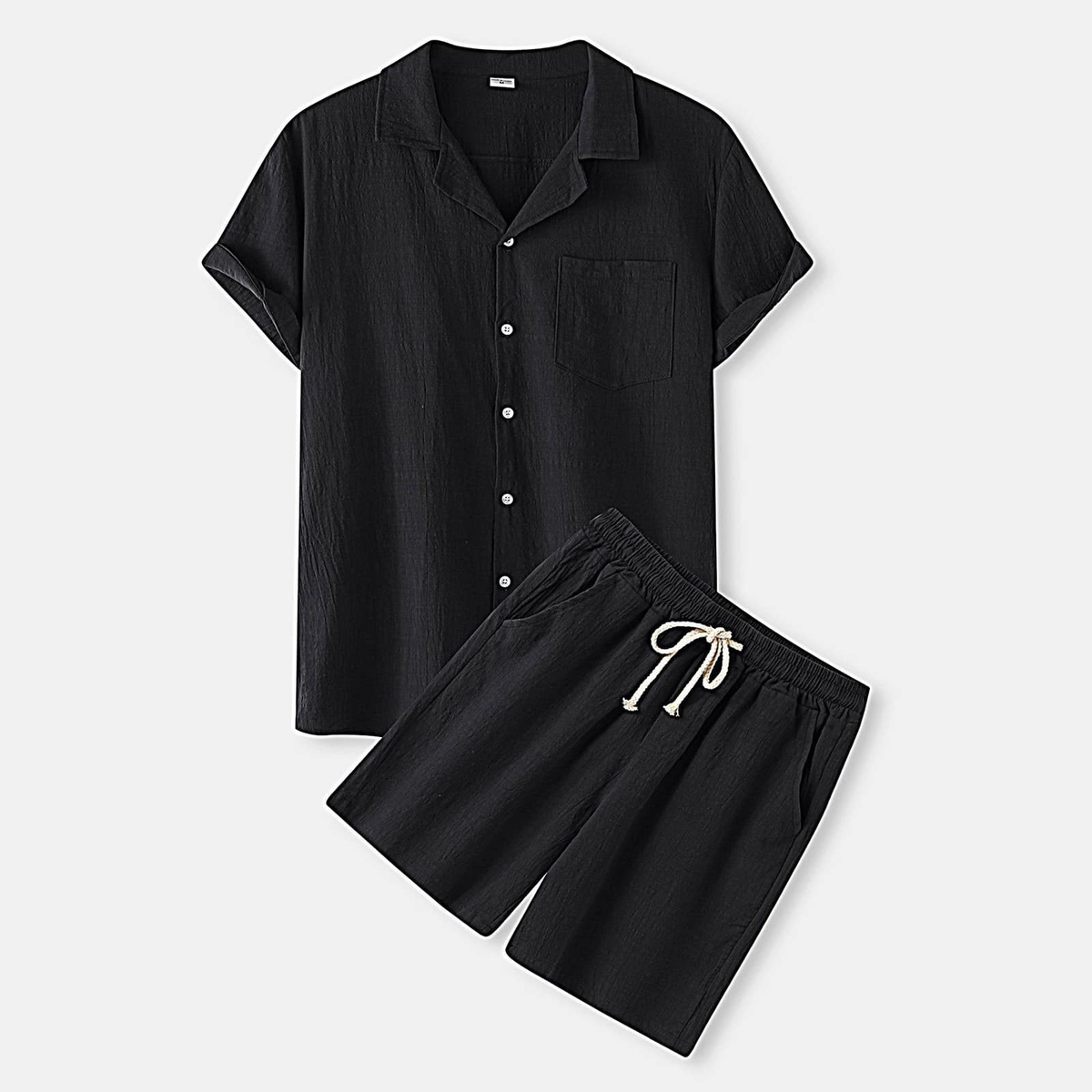 Ensemble chemise et short en coton uni pour homme, coloris noir