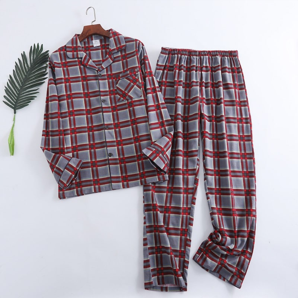 Pyjama homme en coton à carreaux gris et rouge vif, motif numéro 11
