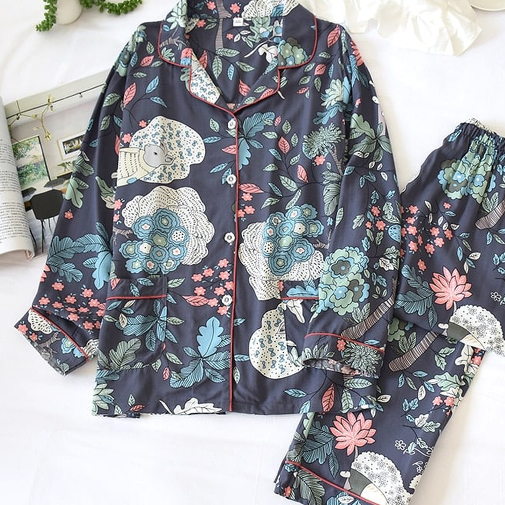 Pyjama en viscose imprimée pour femme, motif marine à fleurs et éléphants