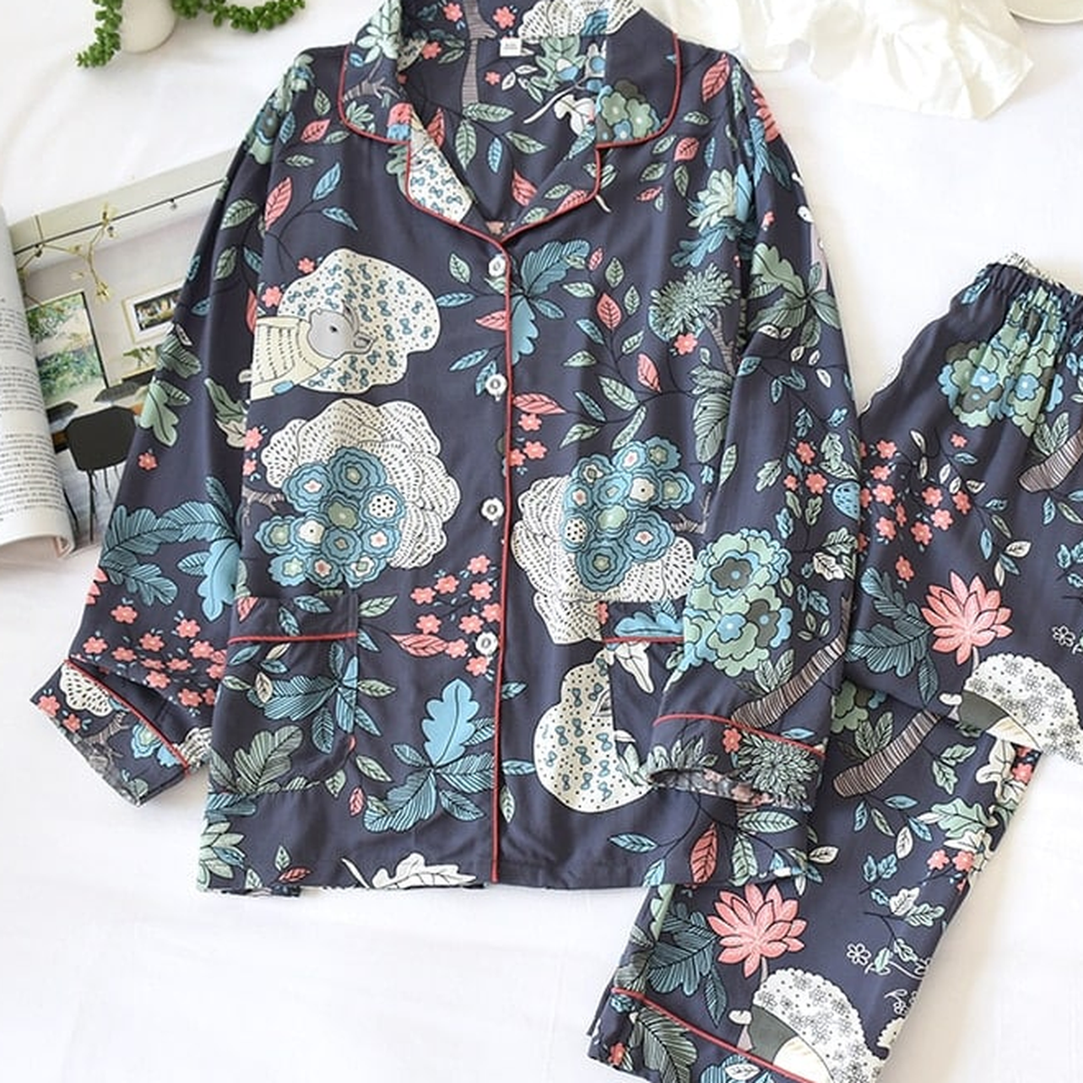 Pyjama en viscose imprimée pour femme, motif marine à fleurs et éléphants