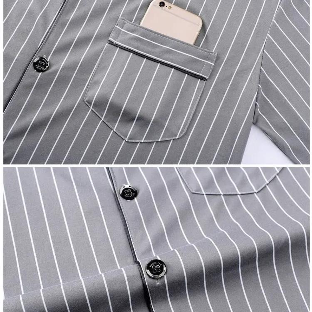 Détail du col et de la poche du pyjama à rayures, coloris gris