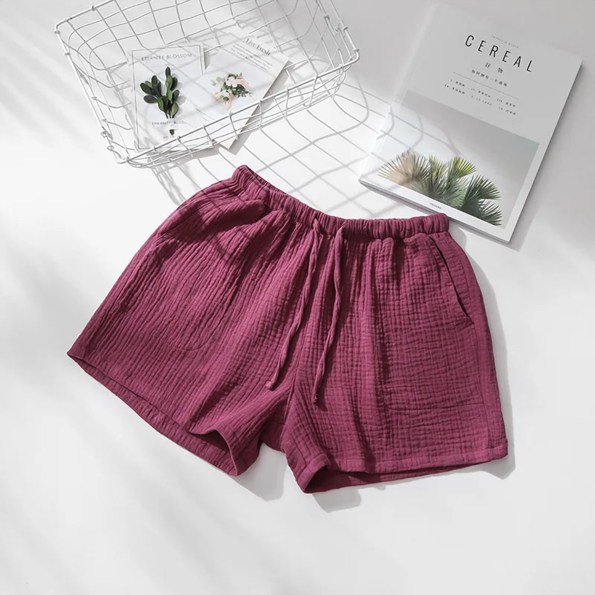 Short de pyjama en gaze de coton, femme bordeaux