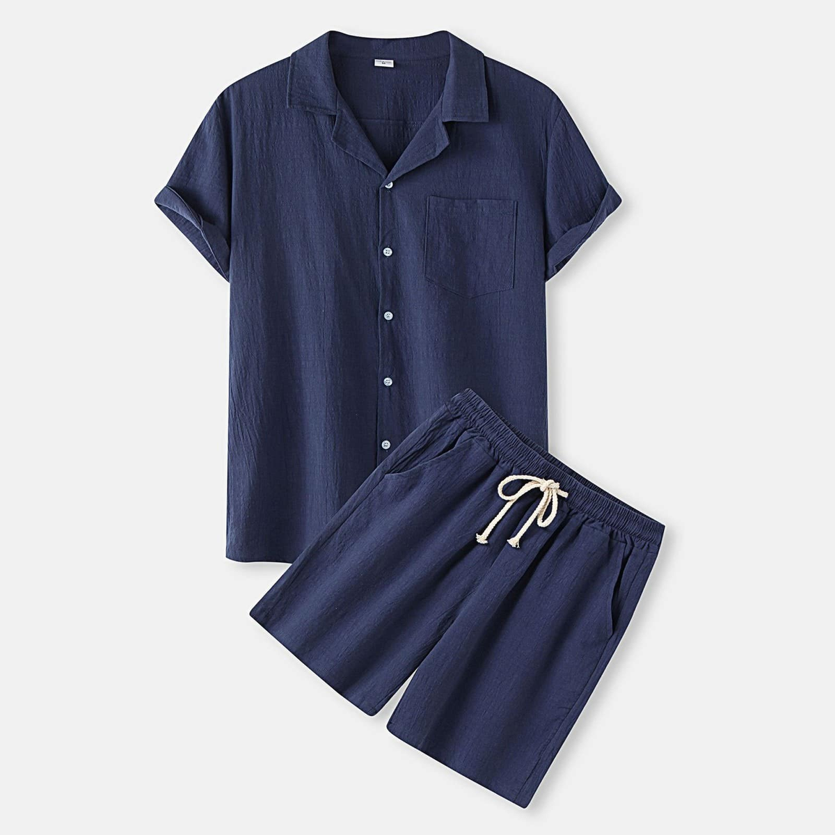 Ensemble chemise et short en coton uni pour homme, coloris bleu marine