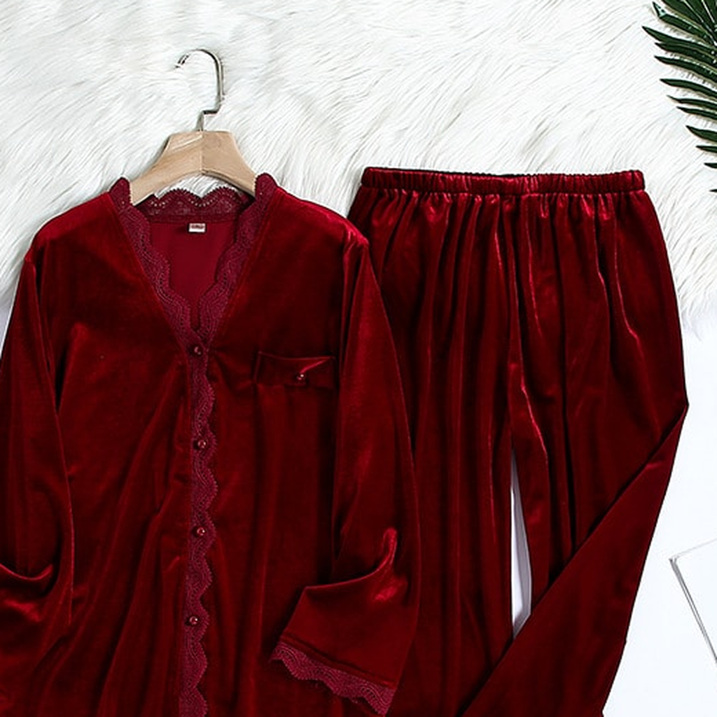 Pyjama en velours à dentelle pour femme, coloris rouge bordeaux