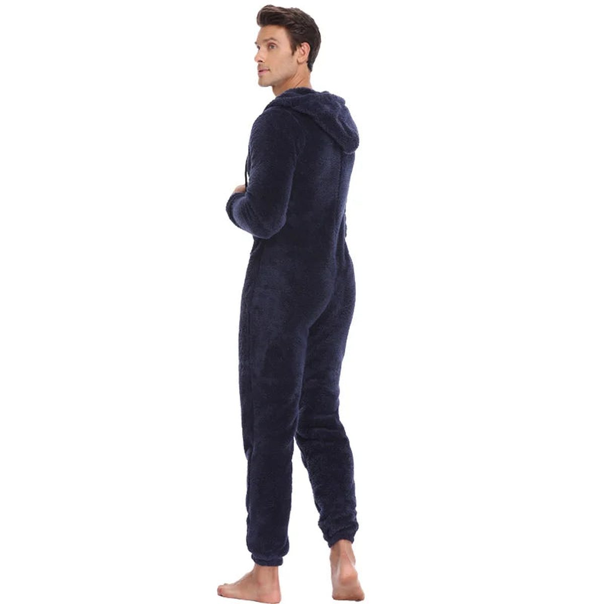 Combinaison de nuit à capuche en polaire, vue de profil, coloris bleu nuit