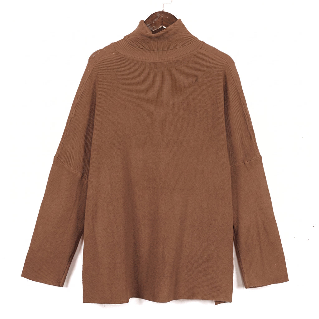 Pull à col roulé en maille côtelée, coupe ample, coloris camel