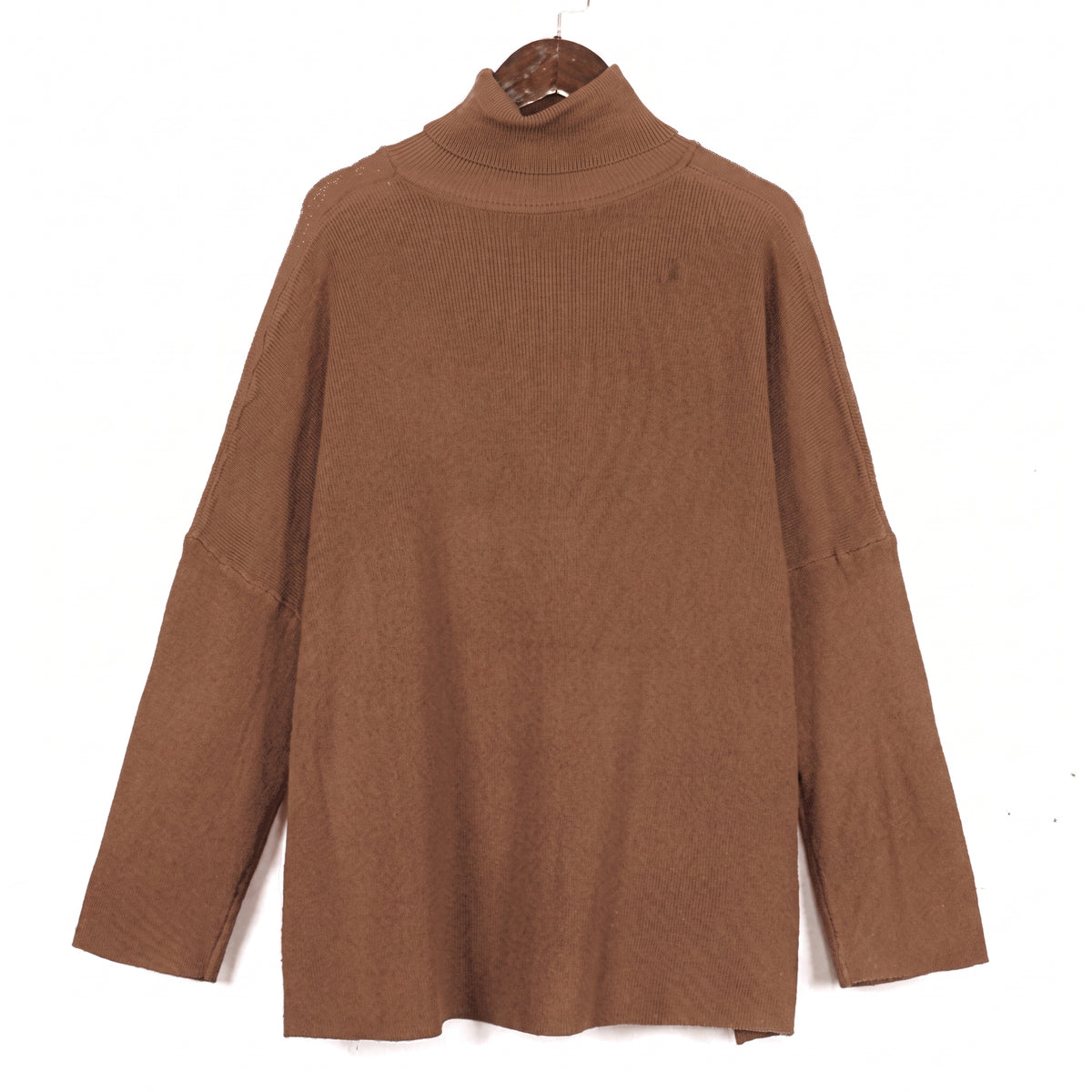 Pull à col roulé en maille côtelée, coupe ample, coloris camel