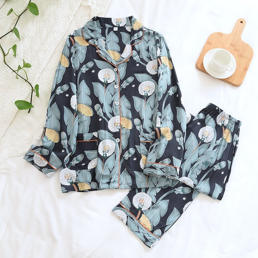 Pyjama en viscose imprimée pour femme, motif marine à feuillage bleu