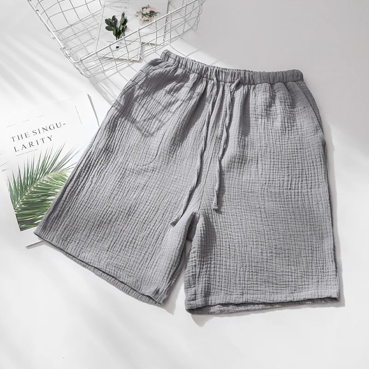 Short de pyjama en gaze de coton, homme gris clair