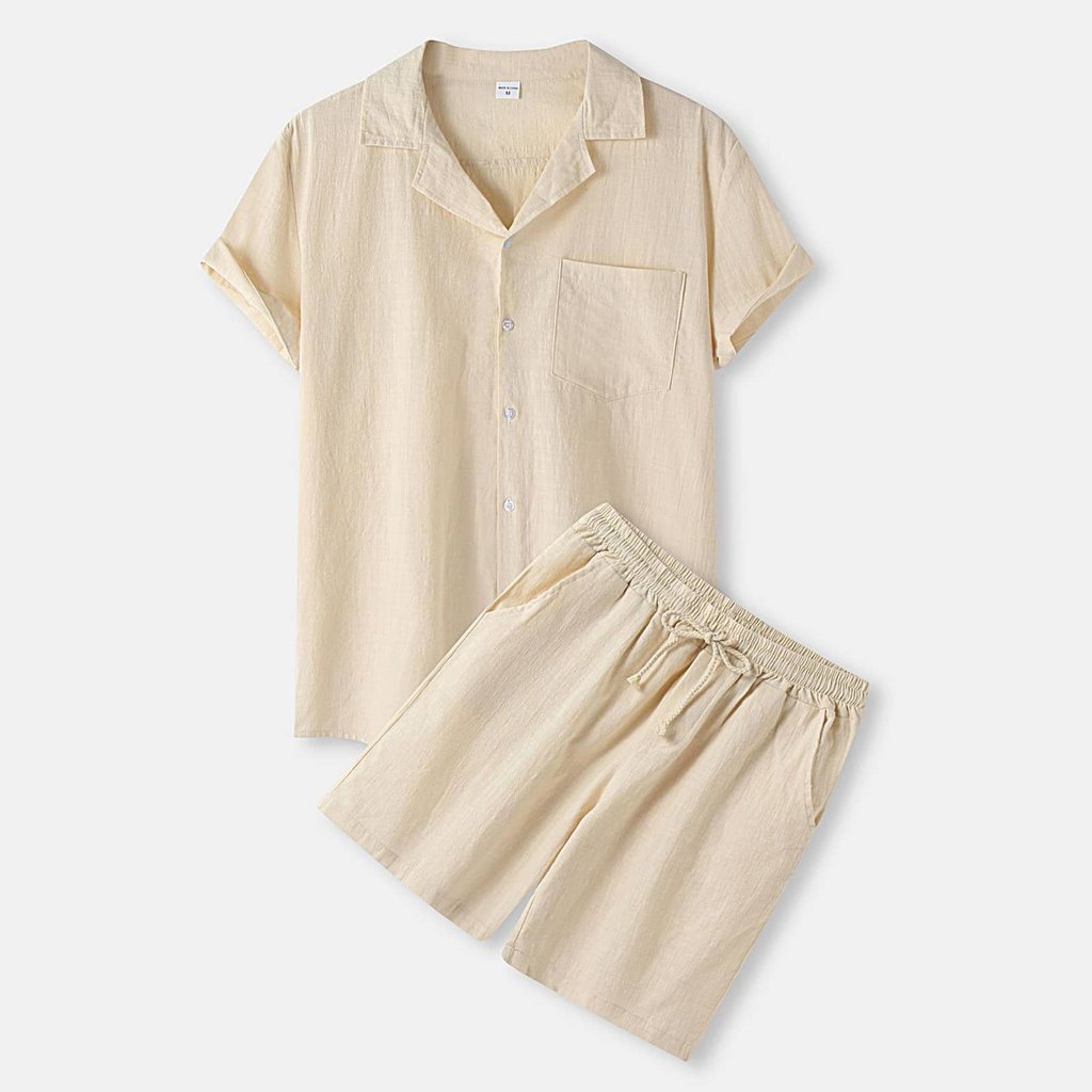 Ensemble chemise et short en coton uni pour homme, coloris écru