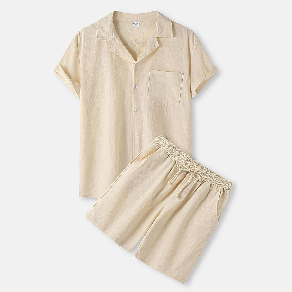 Ensemble chemise et short en coton uni pour homme, coloris écru