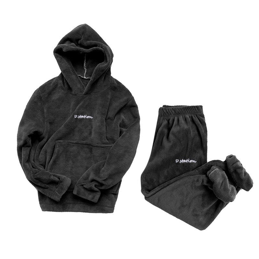 Ensemble pyjama d'hiver en flanelle polaire à capuche, coloris noir