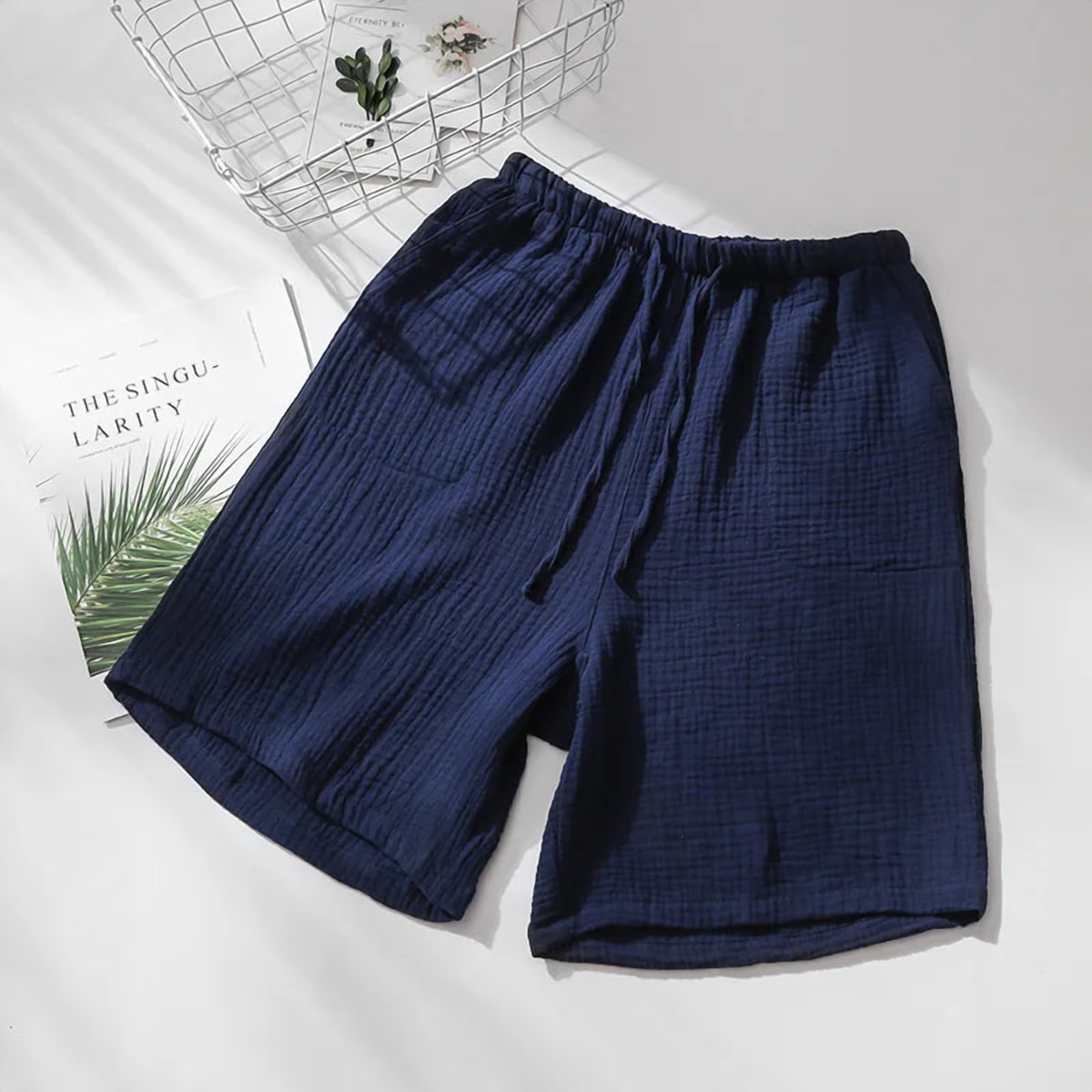 Short de pyjama en gaze de coton, homme bleu marine
