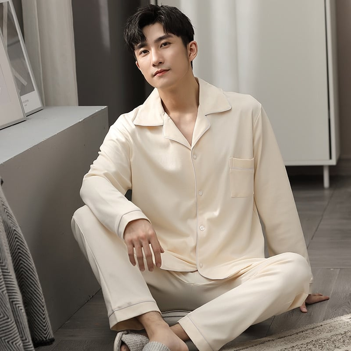 Pyjama uni en coton pour homme, col tailleur, coloris beige