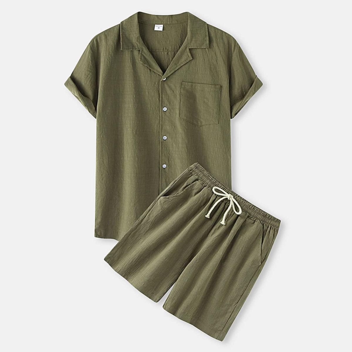 Ensemble chemise et short en coton uni pour homme, coloris kaki