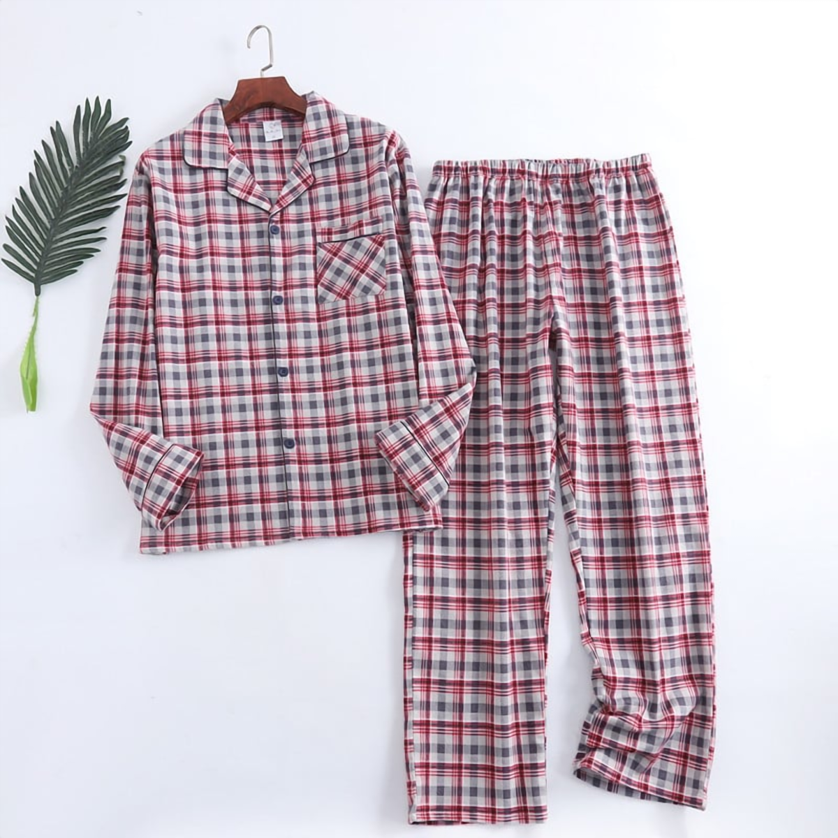 Pyjama homme en coton à carreaux rose et blanc, motif numéro 14