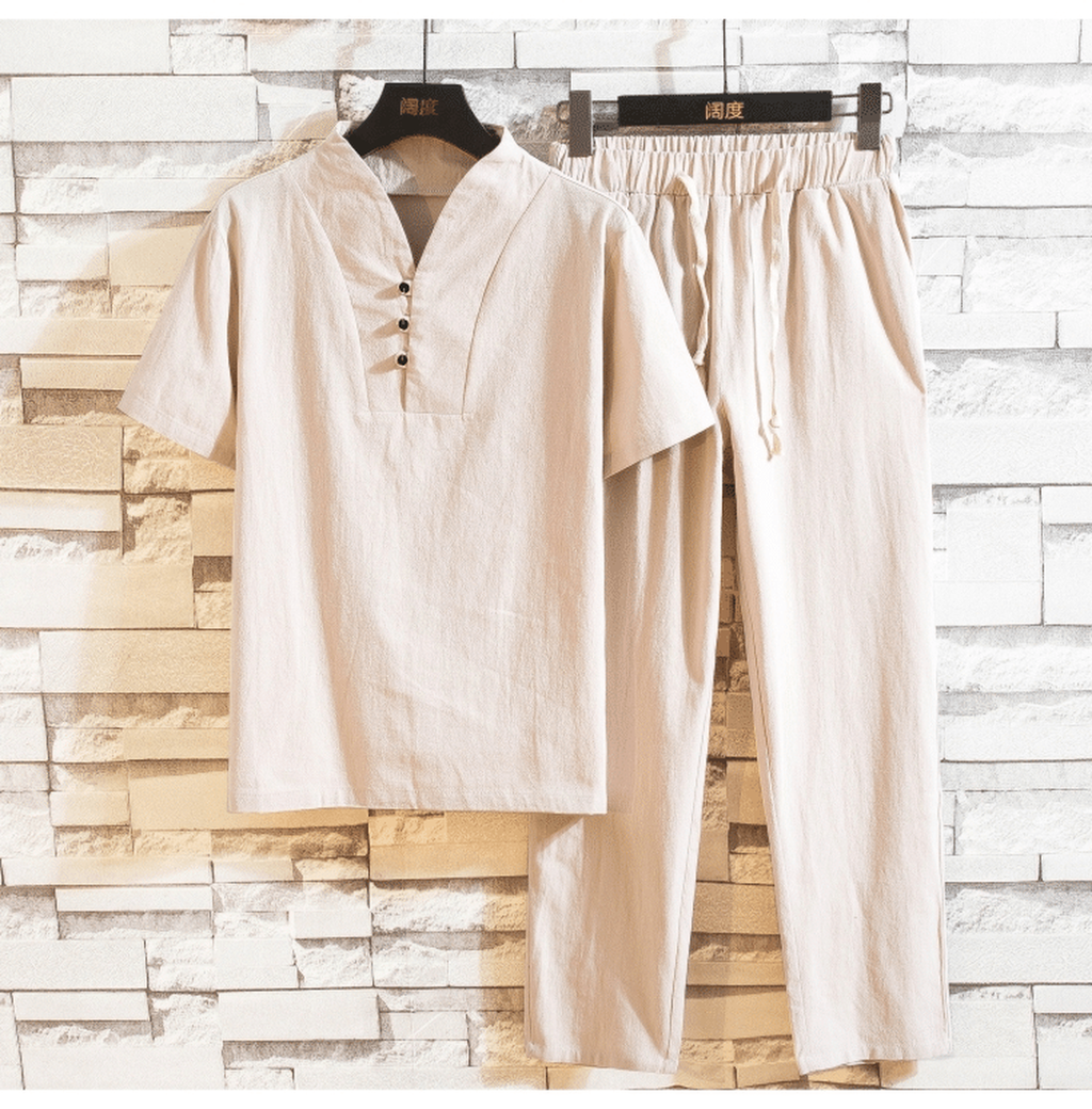 Ensemble d'été en coton et lin pour homme, col mao, coloris écru
