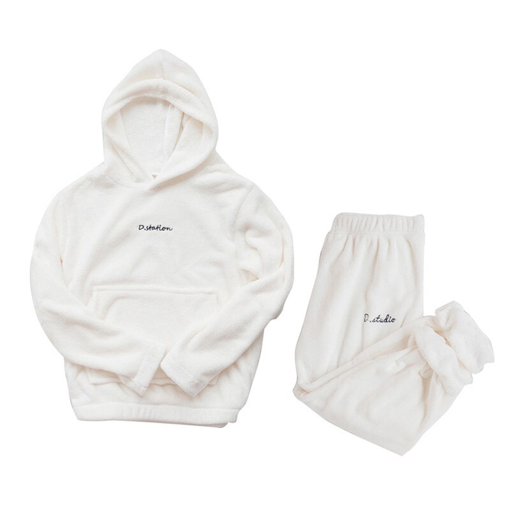 Ensemble pyjama d'hiver en flanelle polaire à capuche, coloris blanc