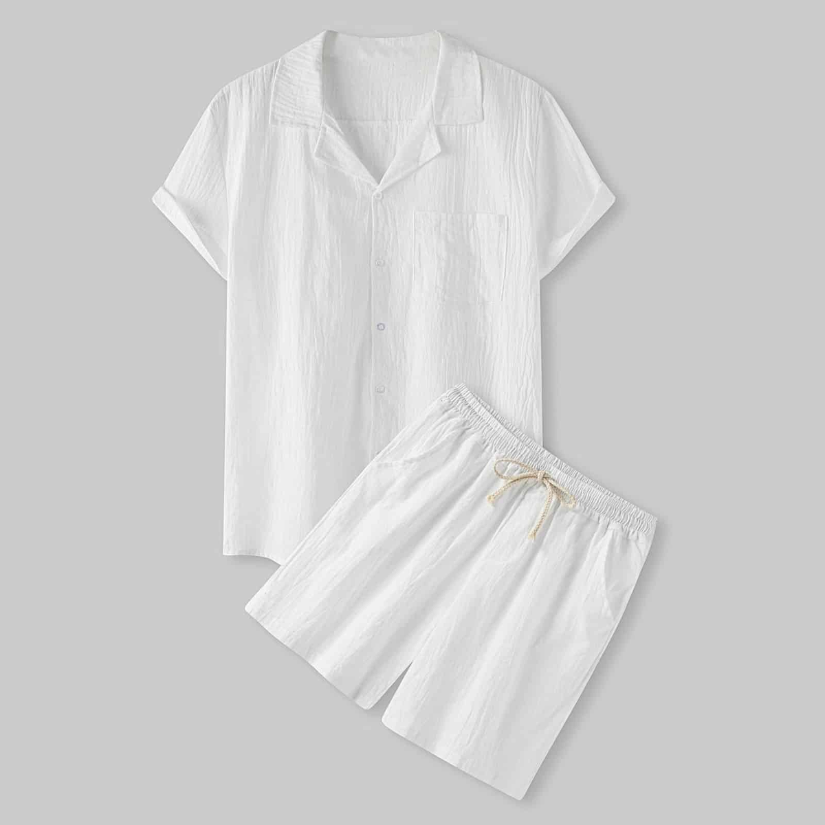 Ensemble chemise et short en coton uni pour homme, coloris blanc
