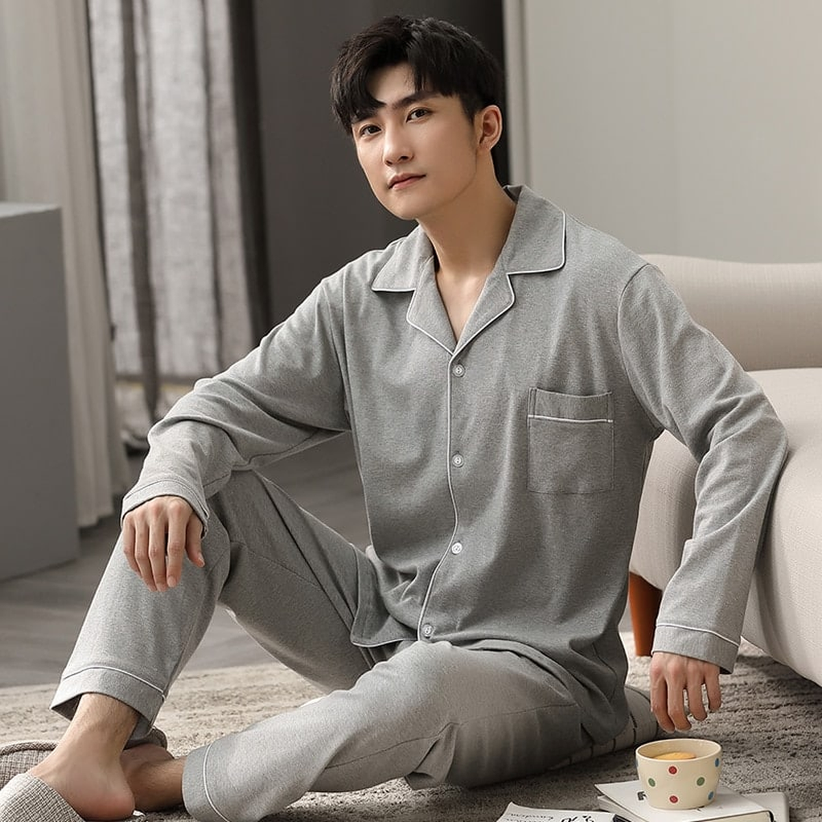 Pyjama uni en coton pour homme, col tailleur, coloris gris clair