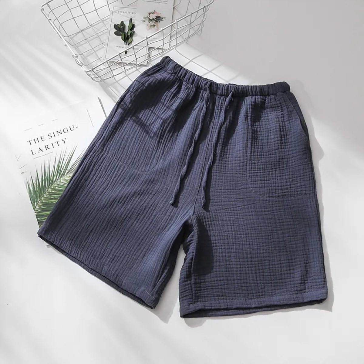 Short de pyjama en gaze de coton, homme gris foncé