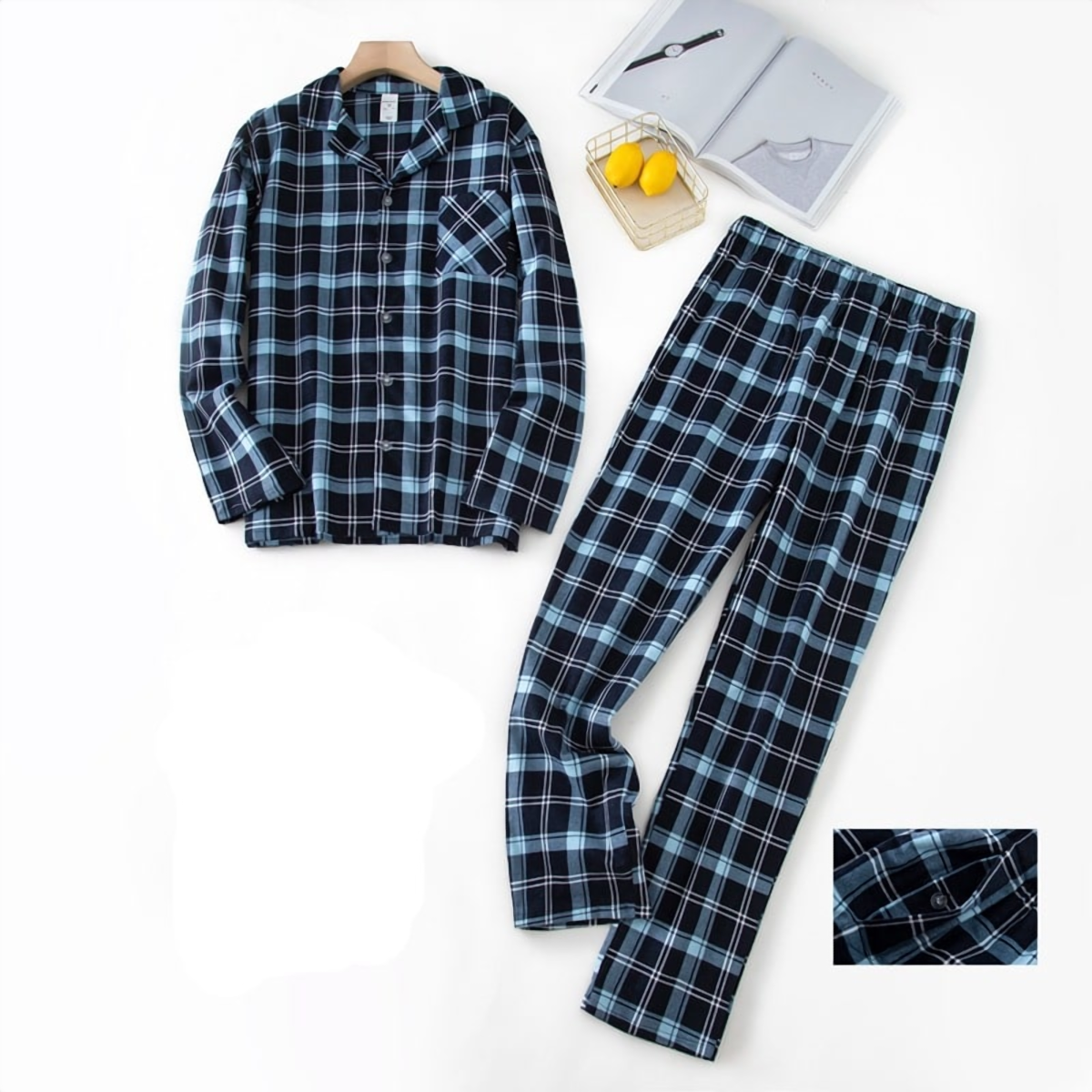 Pyjama homme en coton à carreaux bleu canard, motif numéro 15