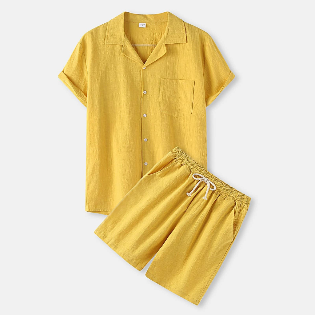 Ensemble chemise et short en coton uni pour homme, coloris jaune safran