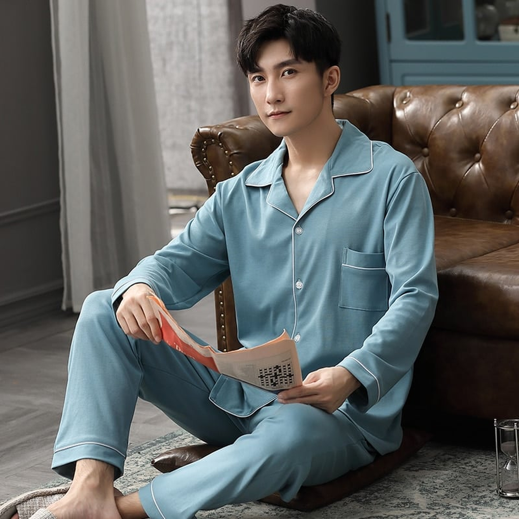 Pyjama uni en coton pour homme, col tailleur, coloris bleu gris