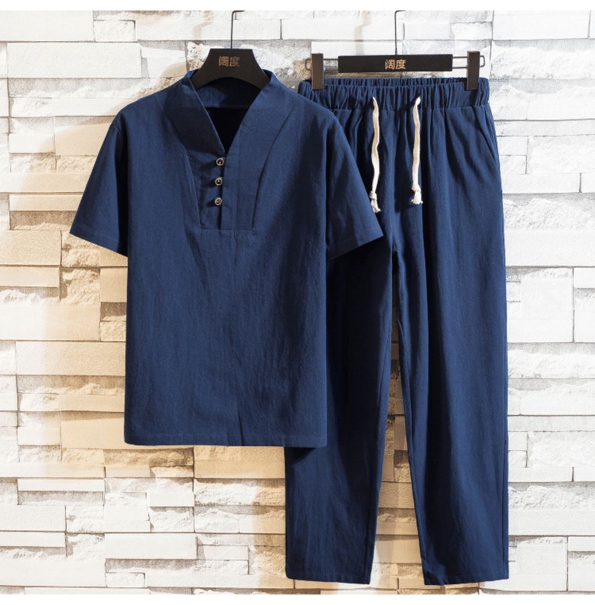 Ensemble d'été en coton et lin pour homme, col mao, coloris bleu marine