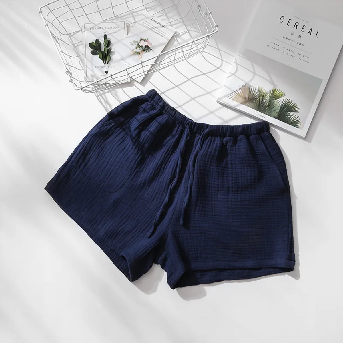 Short de pyjama en gaze de coton, femme bleu nuit