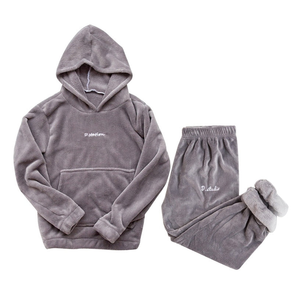Ensemble pyjama d'hiver en flanelle polaire à capuche, coloris gris taupe