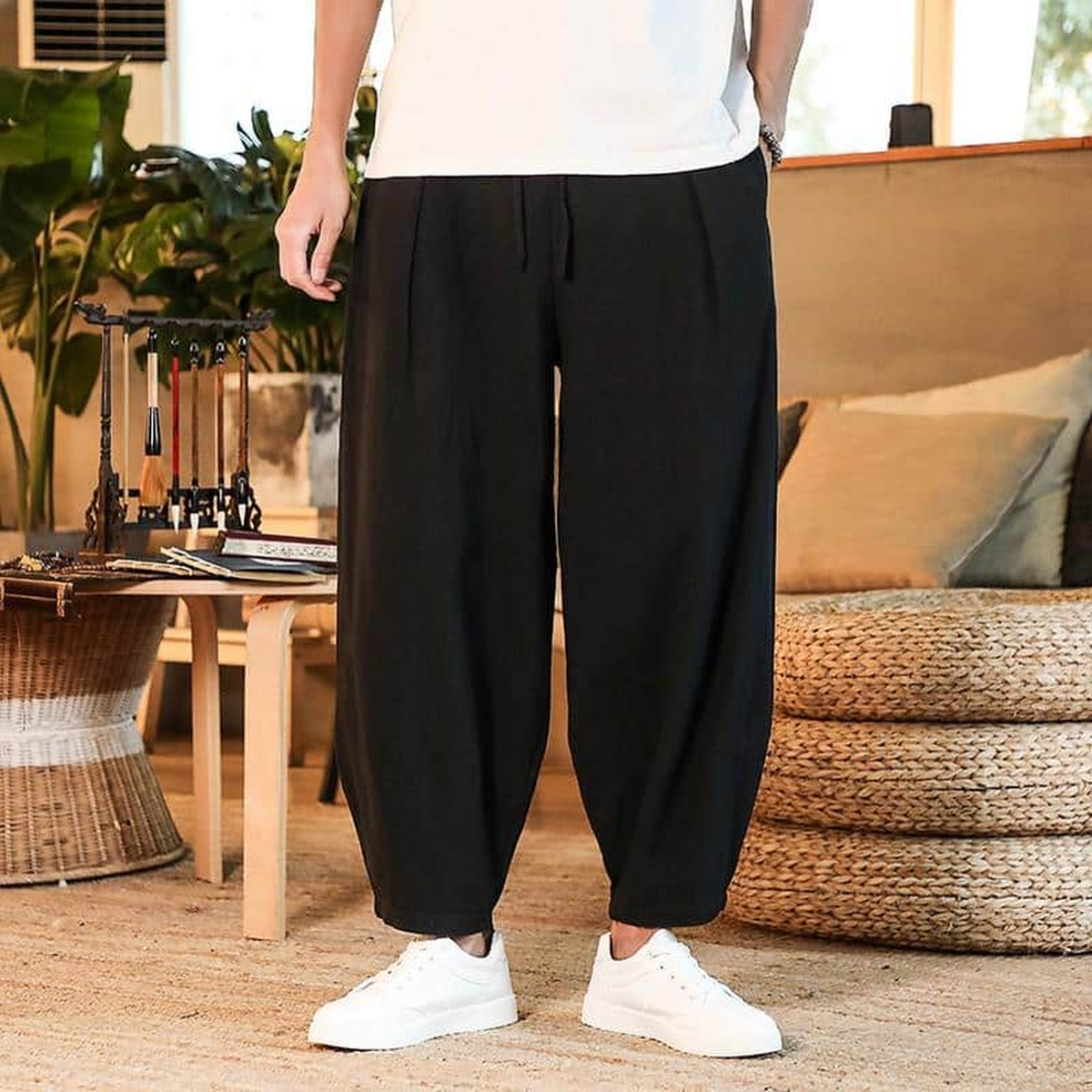 Pantalon sarouel d'intérieur en coton et lin, coloris noir