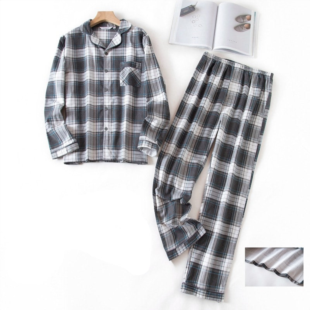 Pyjama homme en coton à carreaux gris et noir, motif numéro 16