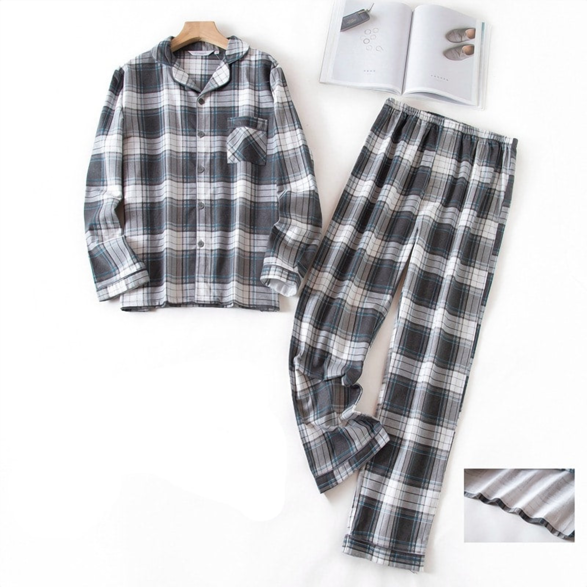 Pyjama homme en coton à carreaux gris et noir, motif numéro 16