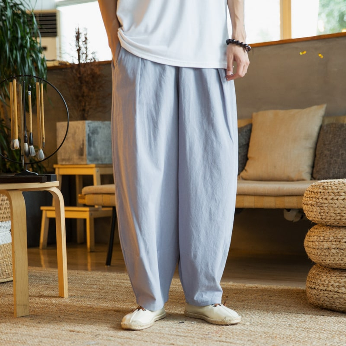 Pantalon sarouel d'intérieur en coton et lin, coloris gris clair