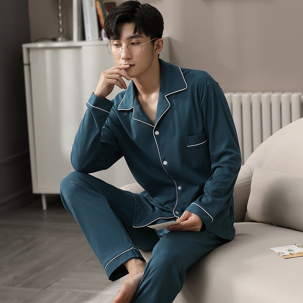Pyjama uni en coton pour homme, col tailleur, coloris bleu canard