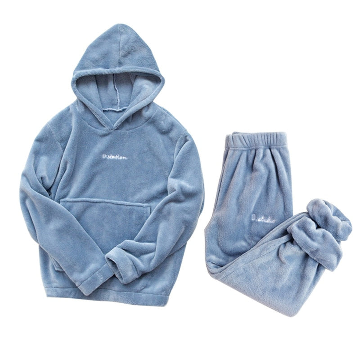 Ensemble pyjama d'hiver en flanelle polaire à capuche, coloris bleu jean