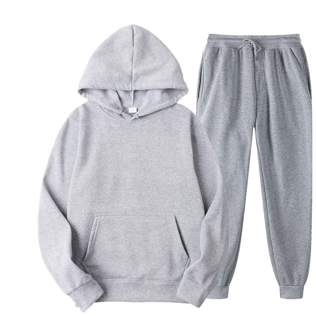 Ensemble jogging homme en molleton gris, sweat à capuche et pantalon