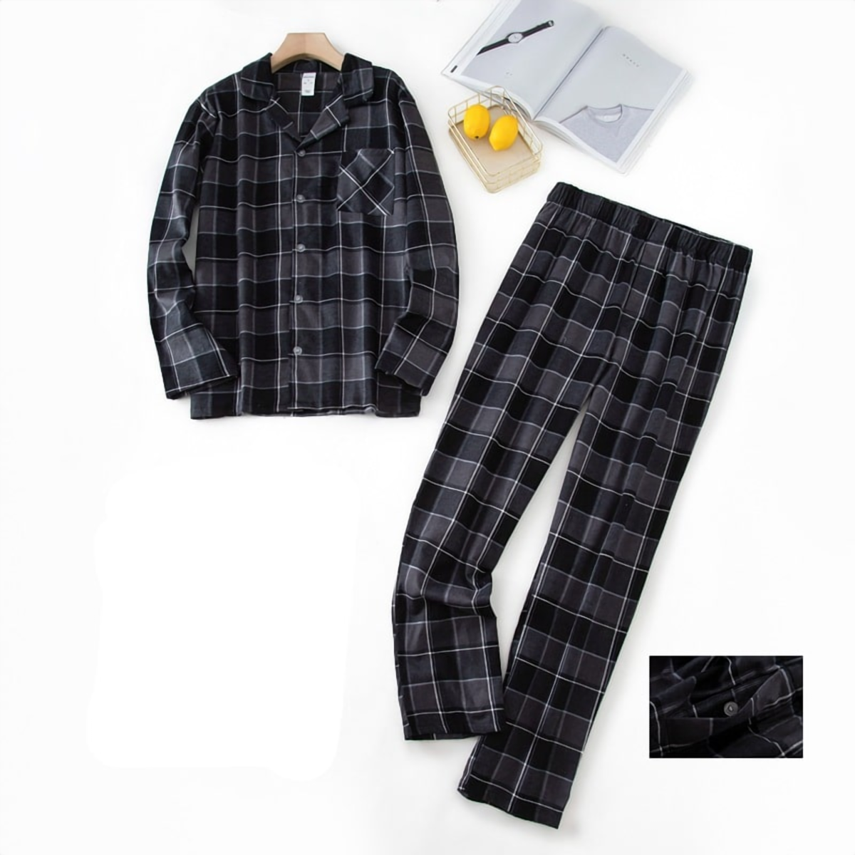 Pyjama homme en coton à carreaux noir et gris, motif numéro 7