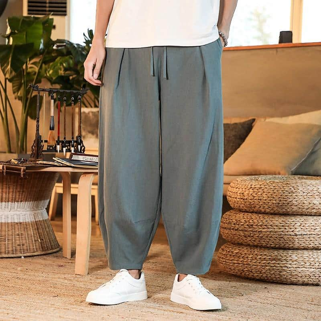 Pantalon sarouel d'intérieur en coton et lin, coloris gris bleuté