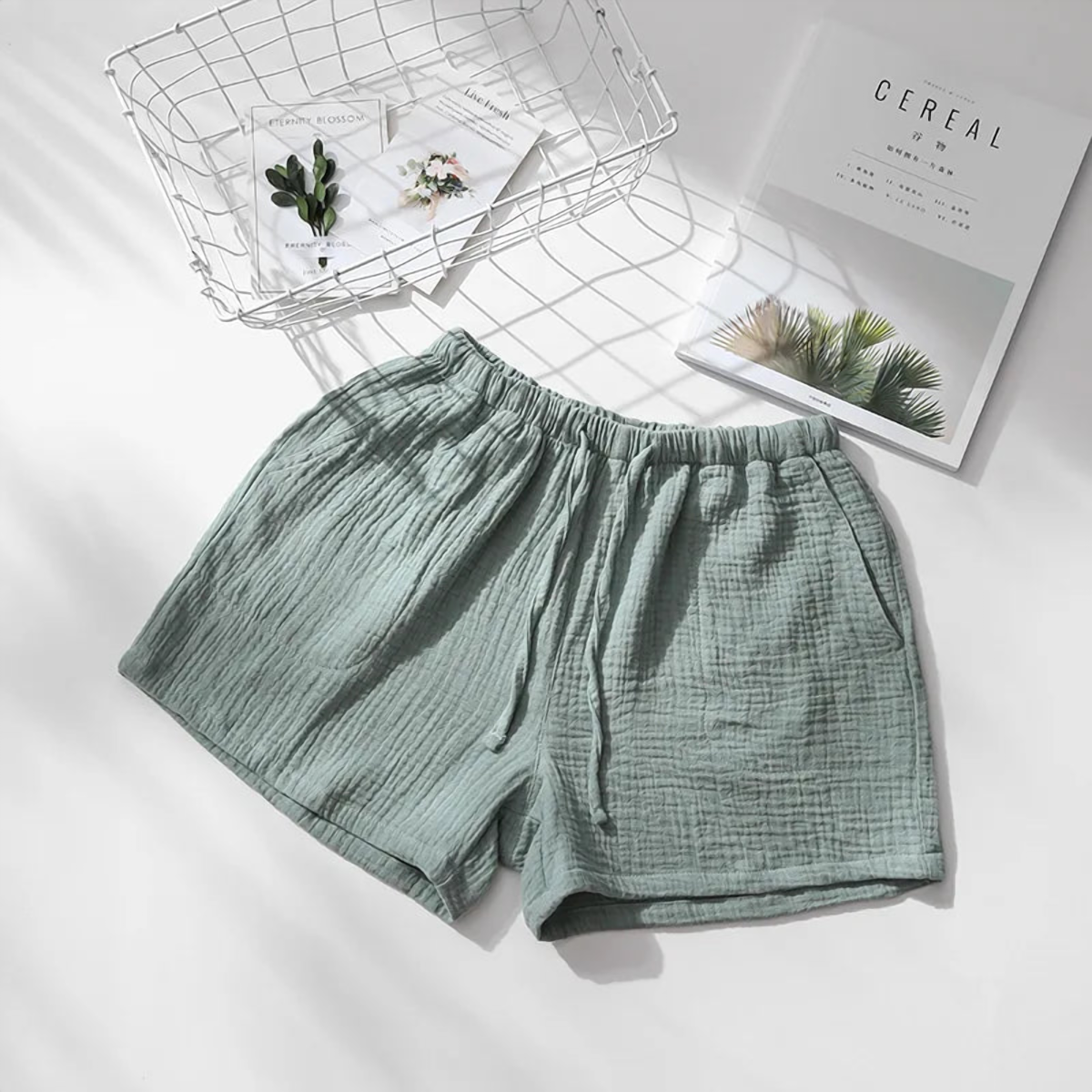 Short de pyjama en gaze de coton, femme vert