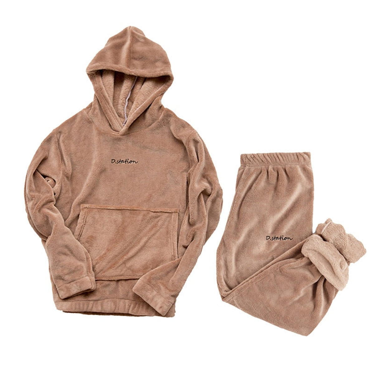 Ensemble pyjama d'hiver en flanelle polaire à capuche, coloris camel