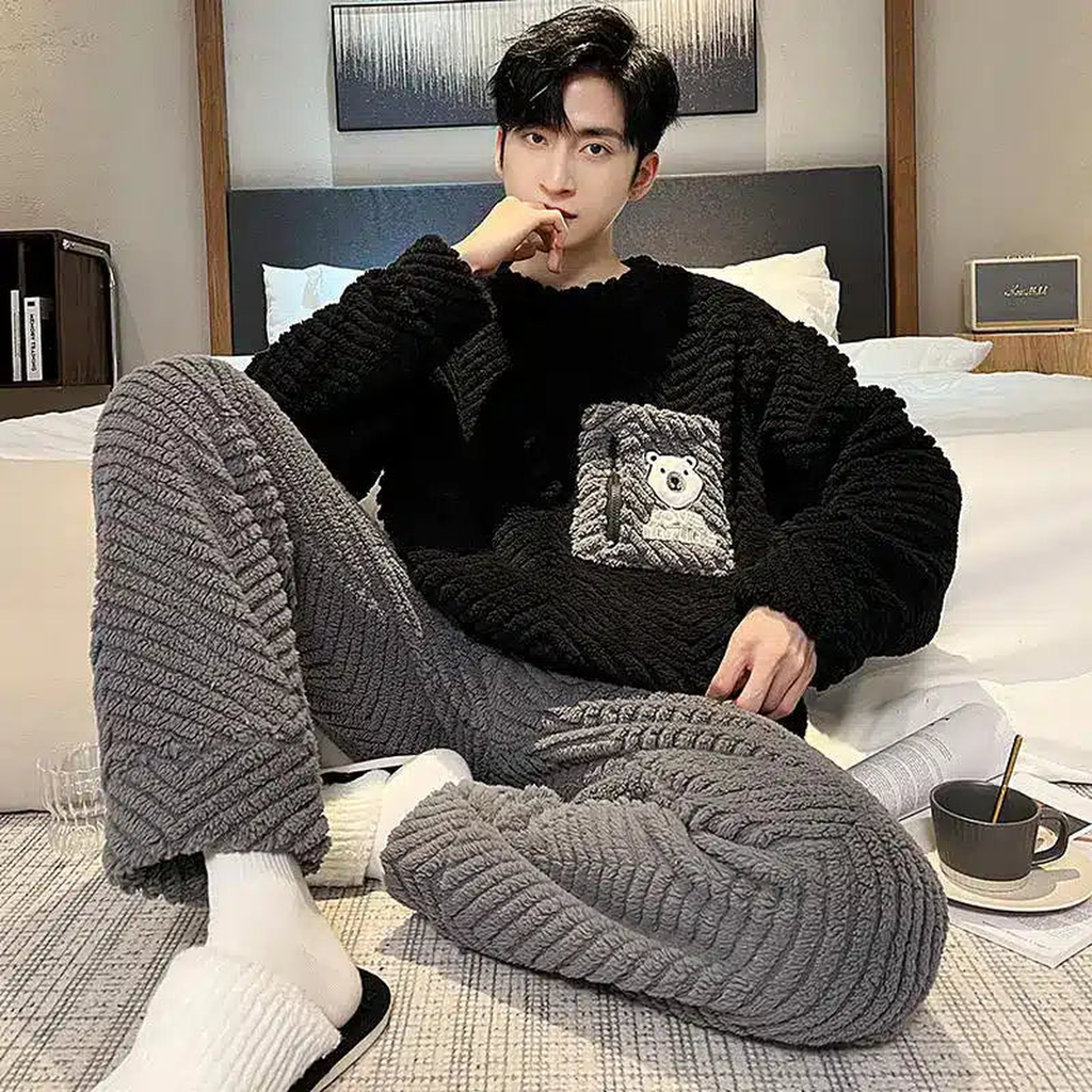 Pyjama en polaire peluche pour homme, modèle anthracite à poche