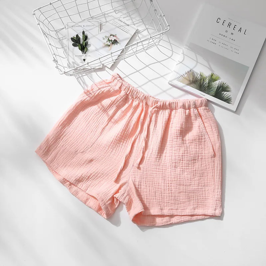 Short de pyjama en gaze de coton, femme rose clair