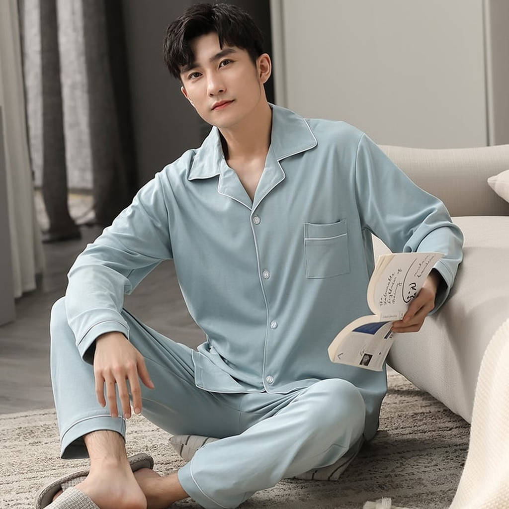 Pyjama uni en coton pour homme, col tailleur, coloris bleu clair