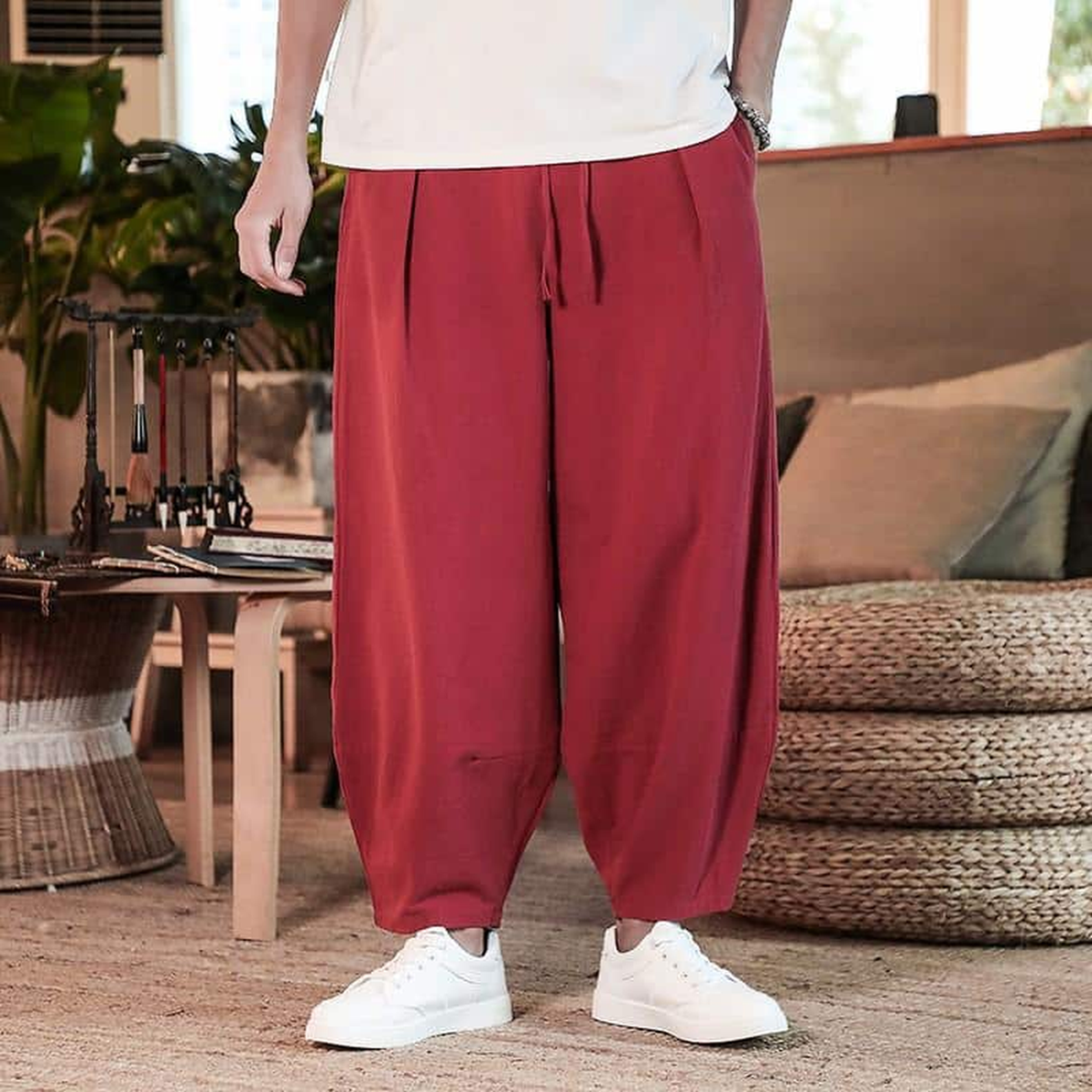 Pantalon sarouel d'intérieur en coton et lin, coloris rouge