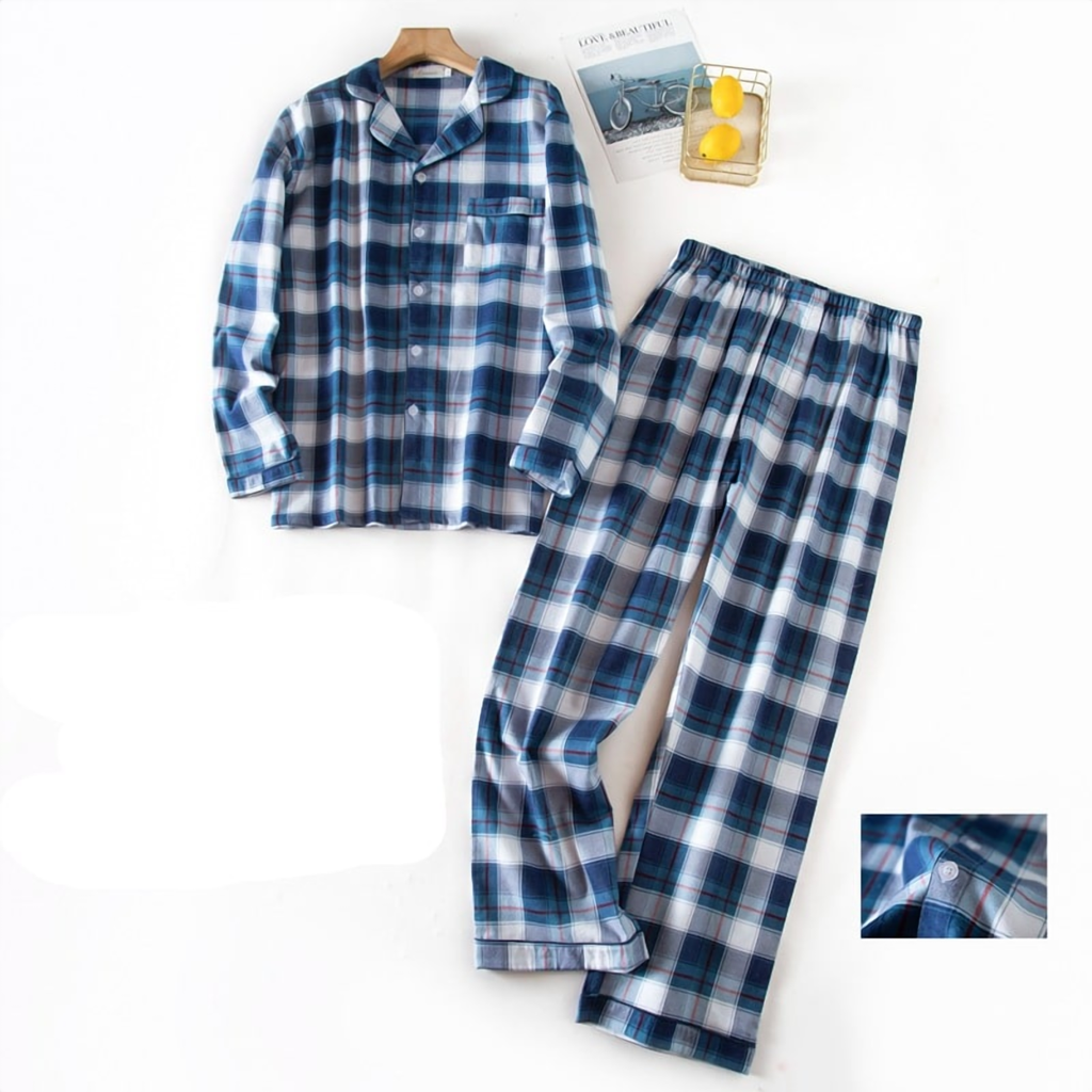 Pyjama homme en coton à carreaux bleu ciel et marine, motif numéro 18