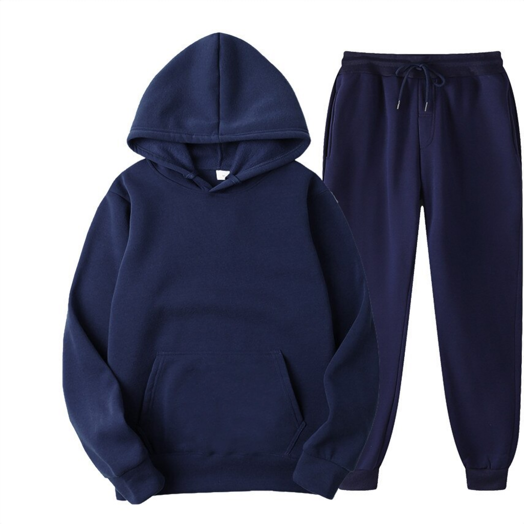 Ensemble jogging homme en molleton bleu marine, sweat à capuche et pantalon